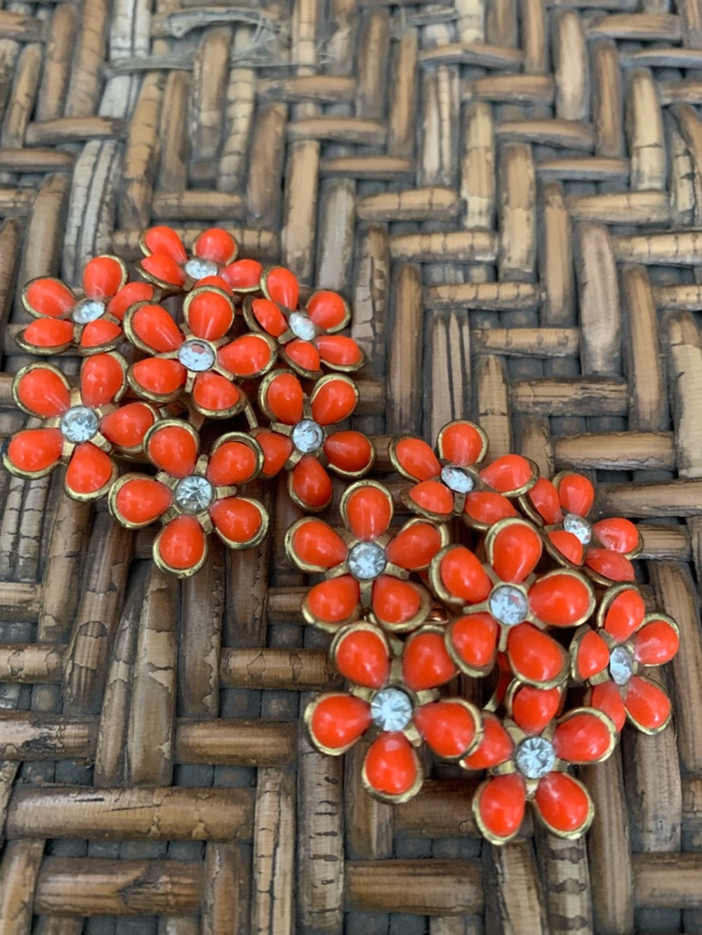 Vintage Gold-Tone Orange Floral Cluster Earrings with Crystal Centers